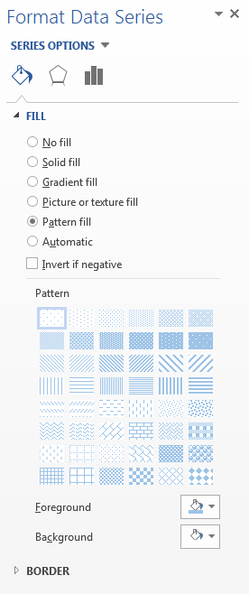 Drop down options from paint icon selected. Pattern section highlighted.