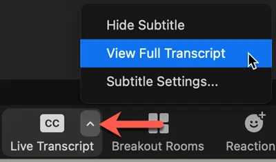 Live Transcript button with menu options: hide subtitle, view full transcript, and subtitle settings 